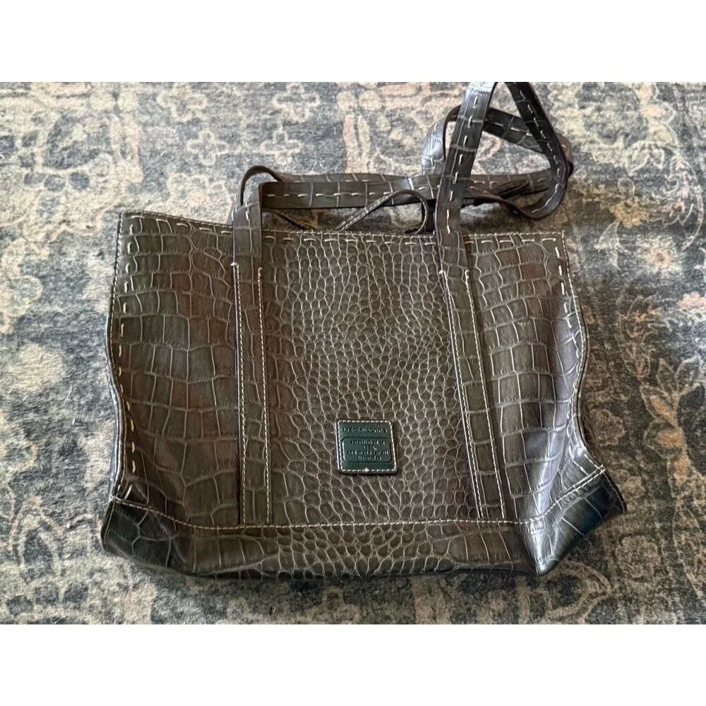 Liz Claiborne Vintage Dark Green Faux Croc Leather Tote Purse Sage Green Lining